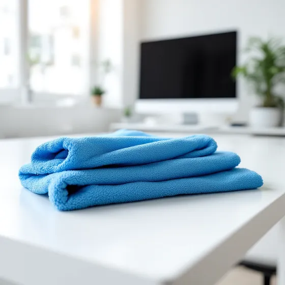 Büroschreibtisch mit blauem Mikrofasertuch