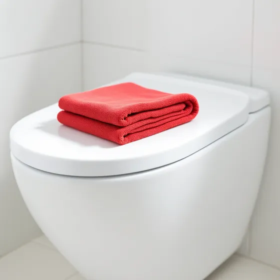 Wandhängendes WC mit rotem Mikrofasertuch